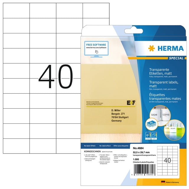 Etiquette HERMA 4684 52,5x29,7mm A4 feuille transparente mate