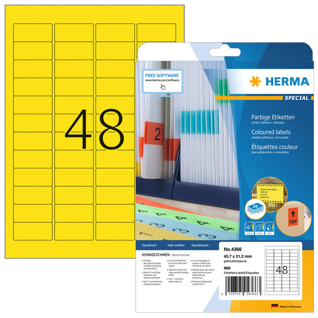 HERMA - Etiket herma 4366 a4 45.7x21.2mm verwijderb geel