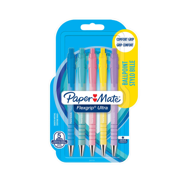 Stylo bille Paper Mate Flexgrip bouton poussoir écriture pastel couleur bleu