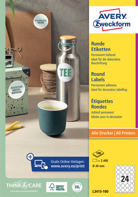 Etiquette avery zweckform l3415 rond 40mm blanc | 5 pièces
