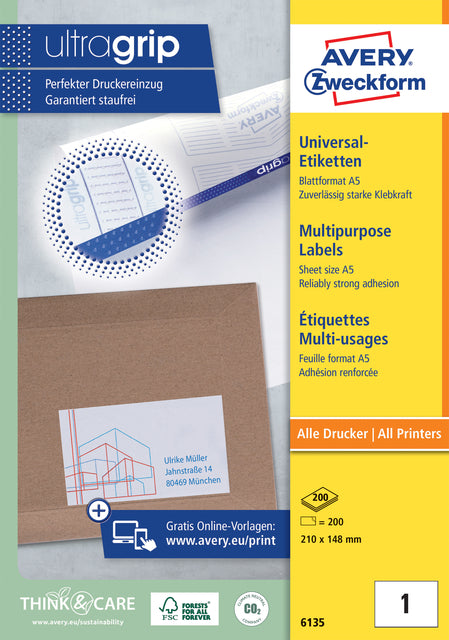 Étiquette Avery Zweckform 6135 210x148mm blanc 200 pièces