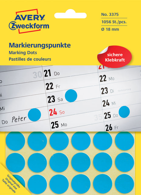 Etiquette Avery Zeckform 3375 rond 18mm bleu 1056 pièces