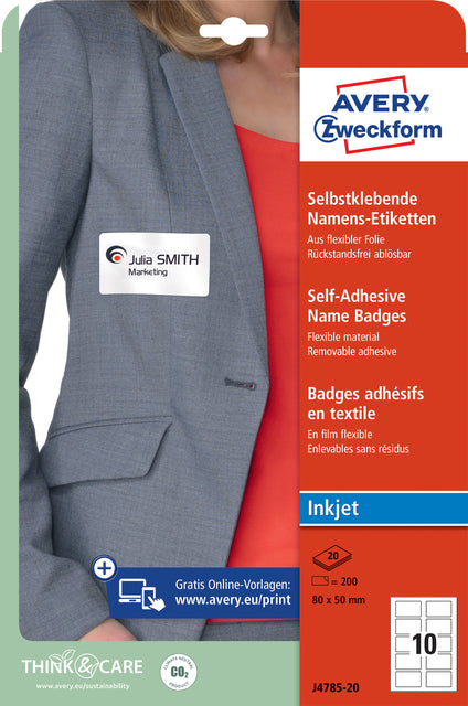 Badge Avery Zweckform J4785-20 80x50mm blanc 200 pièces