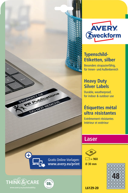 Etiquette avery l6129-20 ronde 30mm argent 960 pieces