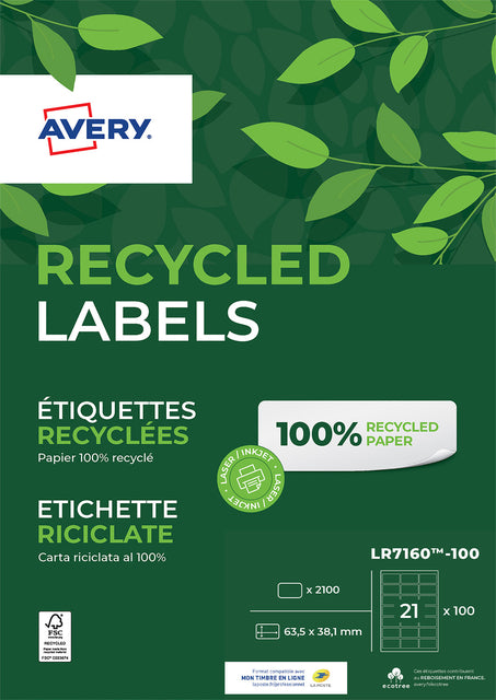 Étiquette Avery LR7160-100 63,5x38,1mm recyclé blanc 2100 pièces