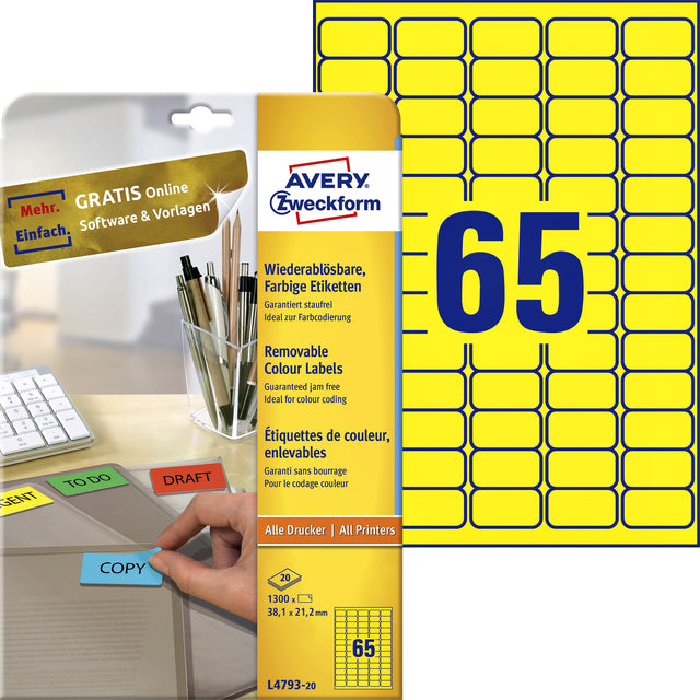 Étiquette Avery ZweckformL4793-20 38,1x21,2mm jaune 1300 pièces