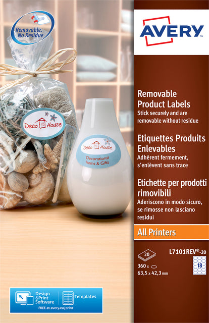 Étiquette Avery L7101REV-20 63,5x42,3mm amovible blanc mat 360 pièces