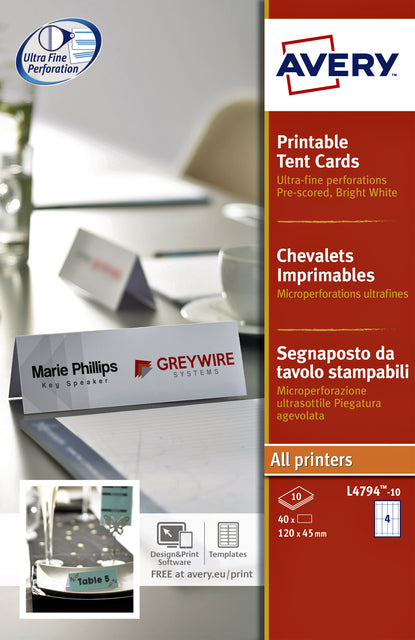 Plaque de nom de table Avery L4794-10 120x45mm blanc 40 pièces