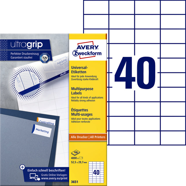 Étiquette Avery Zweckform 3651 52,5x29,7mm blanc 4000 pièces