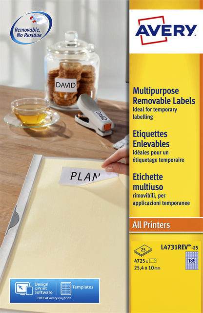 Etiquette Avery L4731REV-25 25.4x10mm amovible blanche 4725 pièces