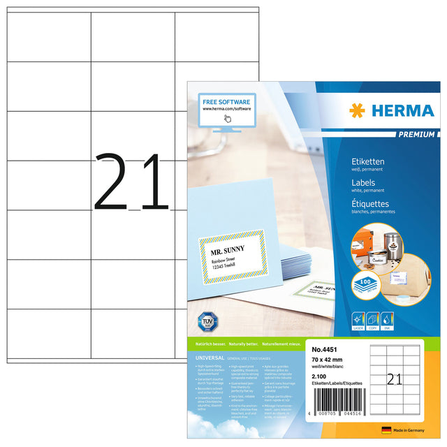 Étiquette HERMA 4451 70x42mm premium blanc 2100 pièces