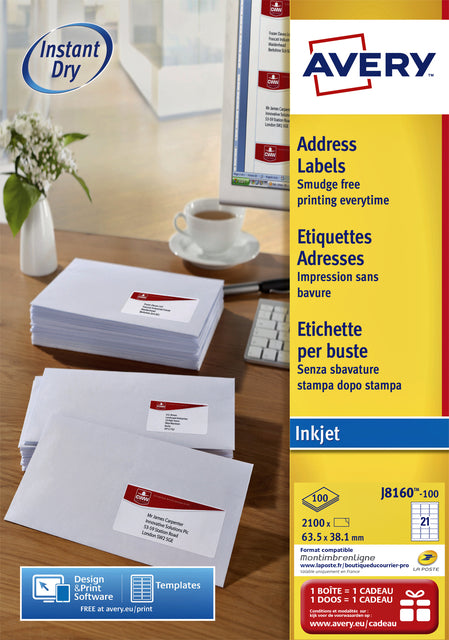 Étiquette Avery J8160-100 63,5x38,1mm blanc 2100 pièces