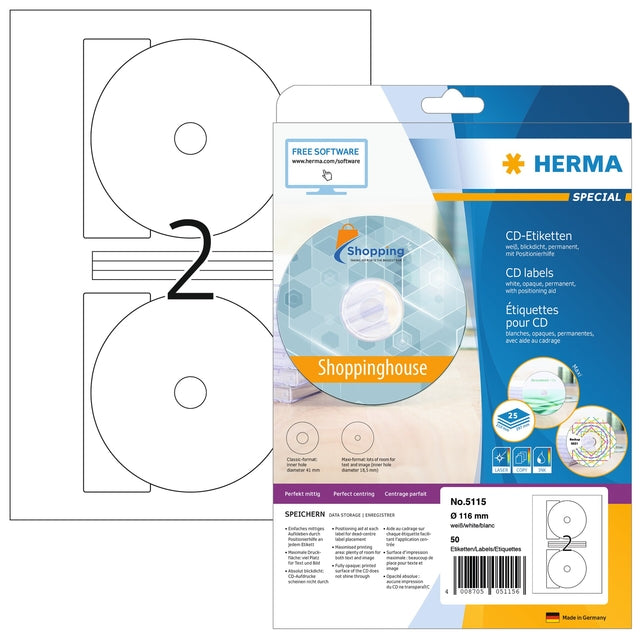 HERMA - Etiket herma 5115 cd 116mm wit 50 stuks