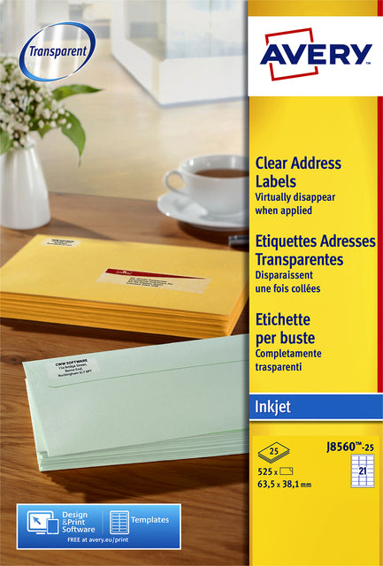 Étiquette Avery J8560-25 63,5x38,1mm transparent 525 pièces