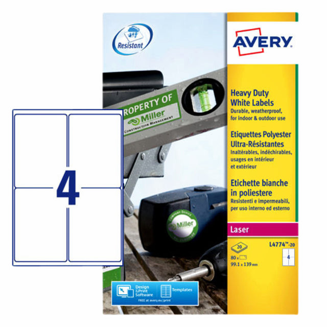 Étiquette Avery L4774-20 99.1x139mm polyester blanc 80 pièces