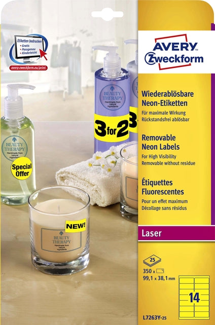 Etiquette avery l7263y 99.1x38.1mm jaune néon 350 pièces