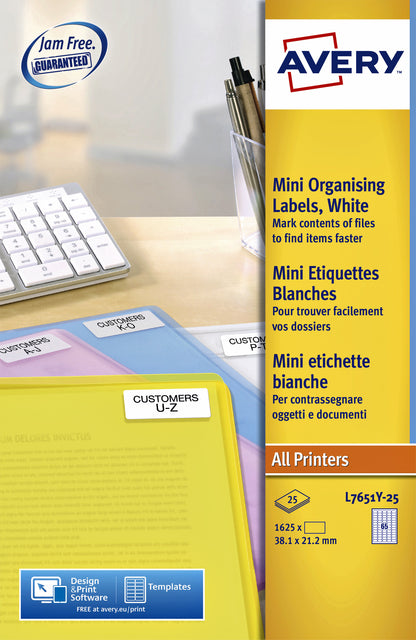 Étiquette Avery L7651Y-25 38,1x21,2mm jaune néon 1625 pièces