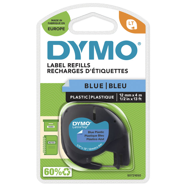 Ruban d'étiquette Dymo Letratag 91205 plastiquel12mm noir sur bleu