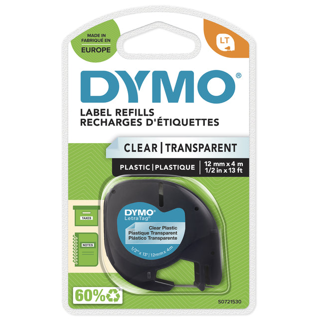 Etiquette ruban Dymo Letratag 12267 plastique 12mm noir sur transp
