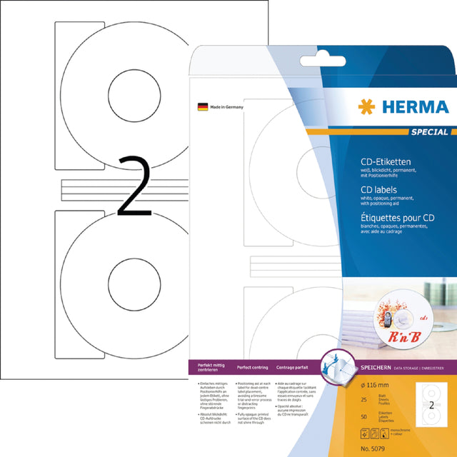 Etiquette HERMA 5079 CD 116mm blanc opaqua 50 pcs
