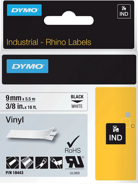 Ruban d'étiquette Dymo Rhino 18443 vinyle 9mmx5.5m noir sur blanc