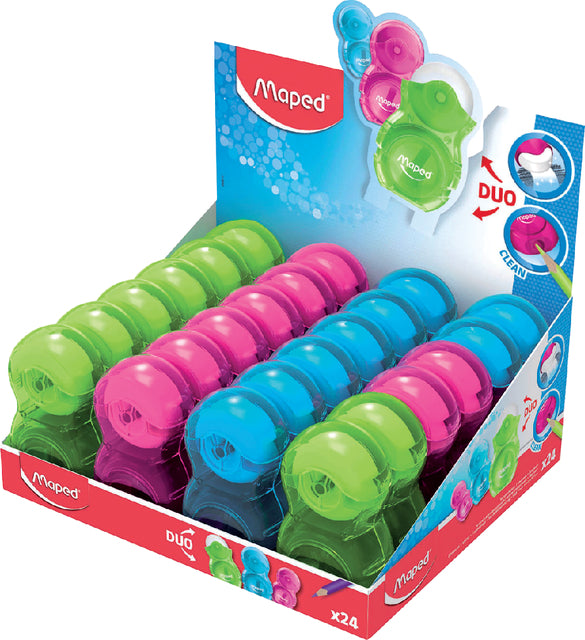 Taille-crayon Maped Loopy 1 trou avec présentoir gomme á 24 pièces assorties