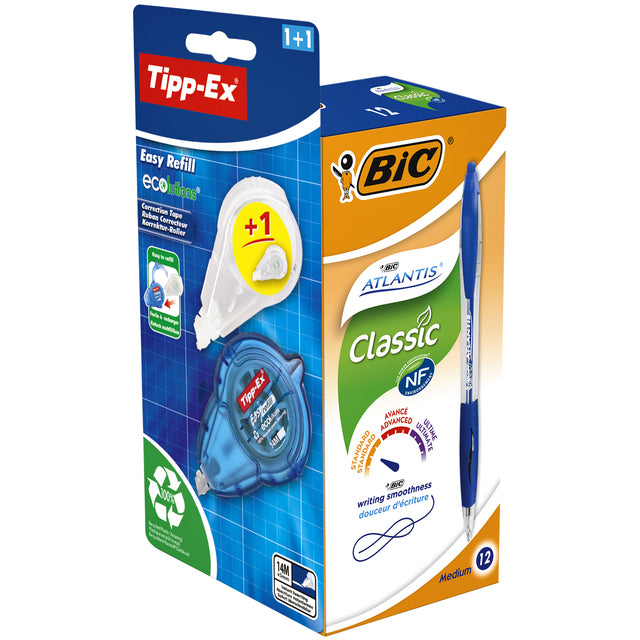 Stylo bille BIC Atlantis 0.32mm bleu + Tipp-Ex easy offert