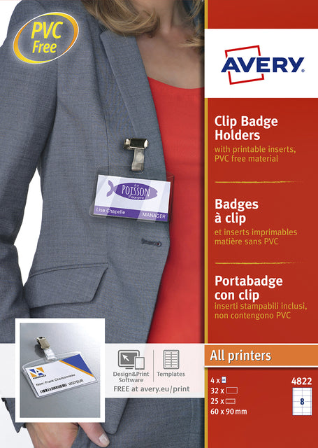 Badge Avery avec clip 4822 60x90mm 25 pièces + 32 cartes à insérer