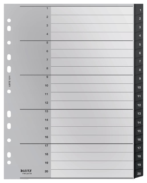Onglet Leitz Recycle A4 11 trous 1-20 extra large PP | 10 morceaux