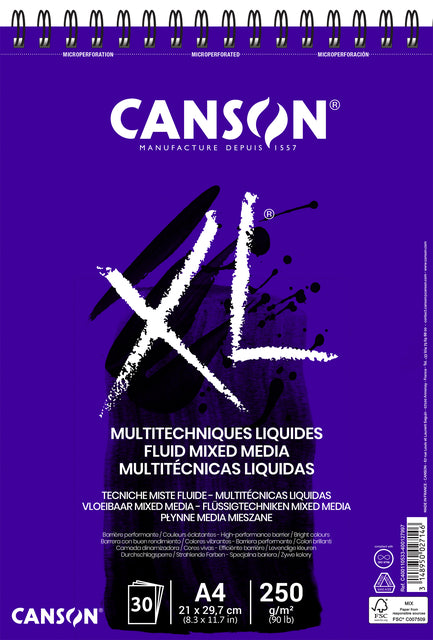Canson - Tekenblok canson xl fluid mixed media a4 30v 250gr | 5 stuks