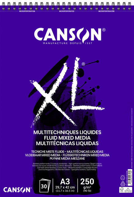 Canson - Tekenblok canson xl fluid mixed media a3 30v 250gr | 5 stuks