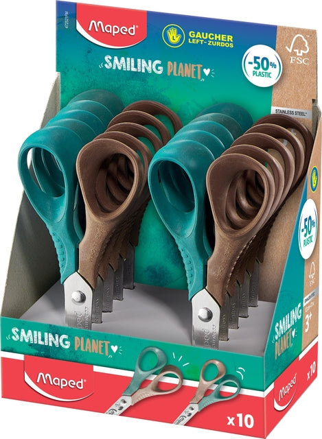 Ciseaux Maped Smiling Planet 12cm présentoir gauche avec 10 pièces assorties