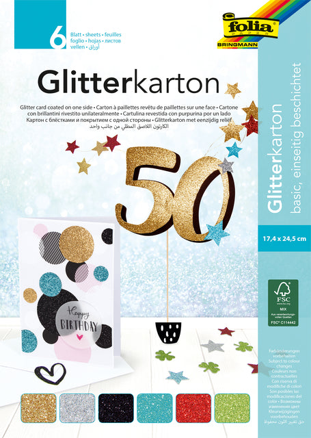 Folia Paper - Glitterkarton folia 174x245mm 6vel basis assorti | 5 stuks