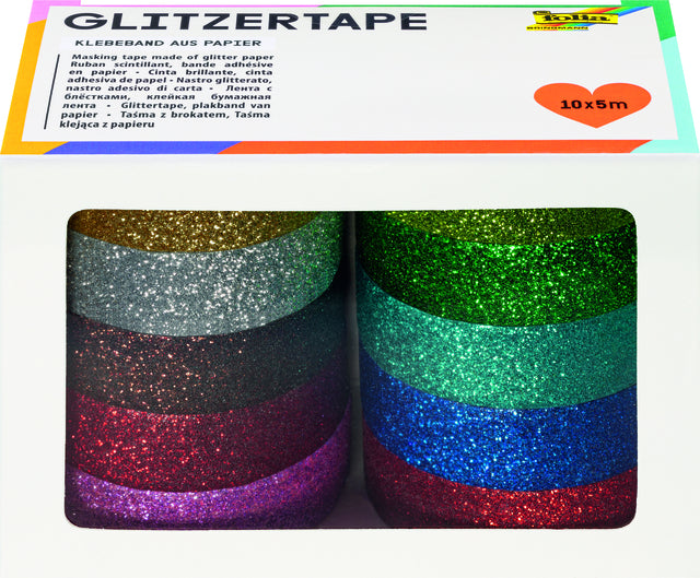 Folia Paper - Plakband folia glitter 5mx15mm 10 stuks 10 kleuren