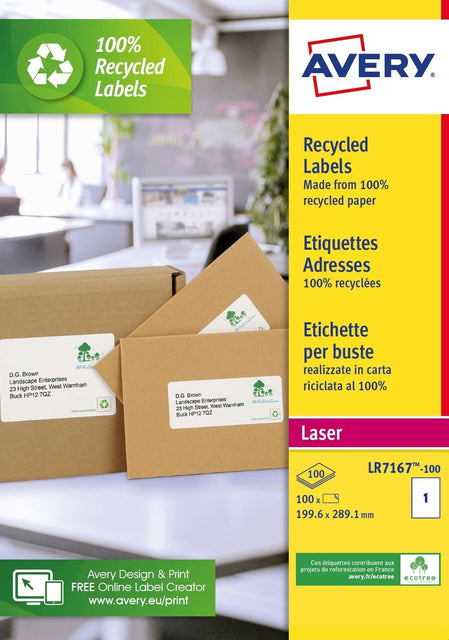 Étiquette avery lr7167 199.6x289.1 poids recyclé 100pcs | 5 pièces