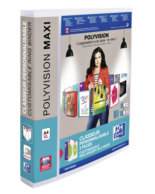 Classeur à anneaux de présentation Oxford Polyvision Maxi A4 XL 4 anneaux D-mech 25mm transparent