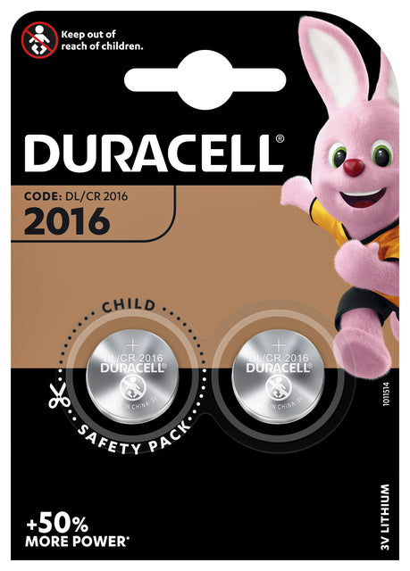 Pile bouton Duracell 2xCR2016 lithium Ø20mm 3V-90mAh