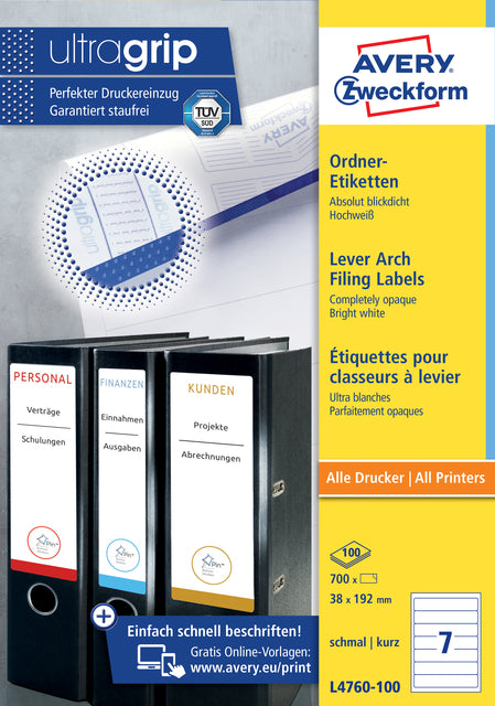 Etiquette arrière Avery Zweckform étroite 38x192mm autocollante blanche