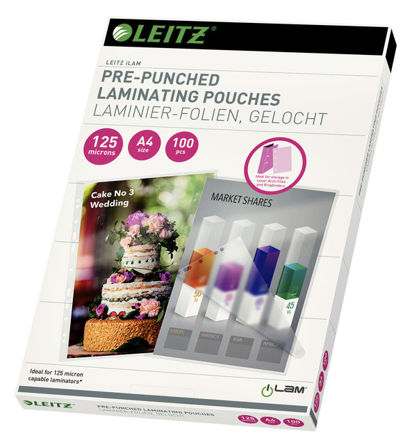 Pochette de plastification Leitz A4 avec bande perforée 2x125micron EVA 100 pièces