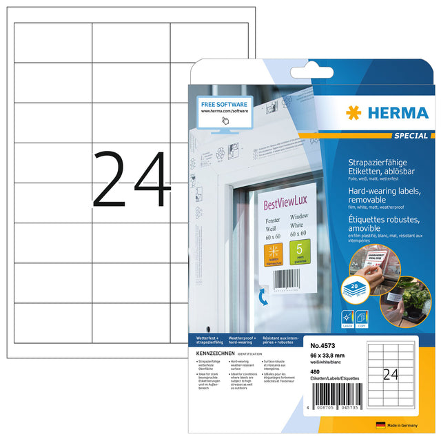HERMA - Etiket herma 4573 66x33.8mm folie wit 480st