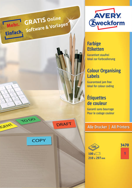 Étiquette Avery Zweckform 3470 210x297mm A4 rouge 100 pièces