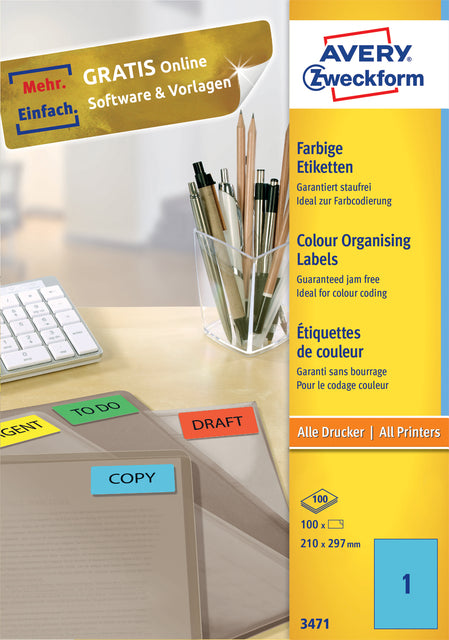 Étiquette Avery Zweckform 3471 210x297mm A4 bleu 100 pièces