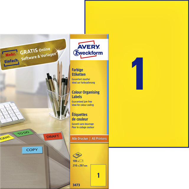 Étiquette Avery Zweckform 3473 210x297mm A4 jaune 100 pièces