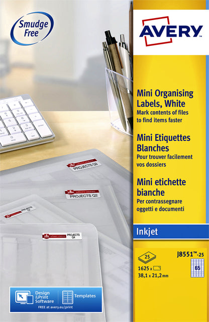 Étiquette Avery J8551-25 38,1x21,2mm transparent 1625 pièces