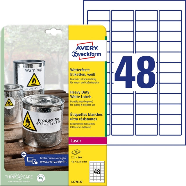 Étiquette Avery L4778-20 45,7x21,2mm polyester blanc 960 pièces