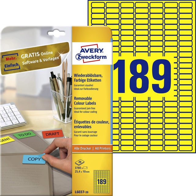 Etiquette avery l6037-20 25.4x10mm jaune 3780 pièces