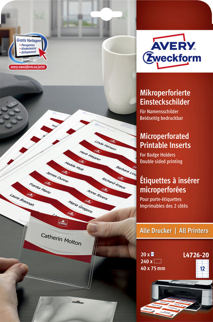 Carte badge Avery L4726-20 microperforation 40x75mm