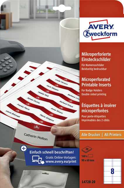 Carte badge Avery L4728-20 microperforation 60x90mm
