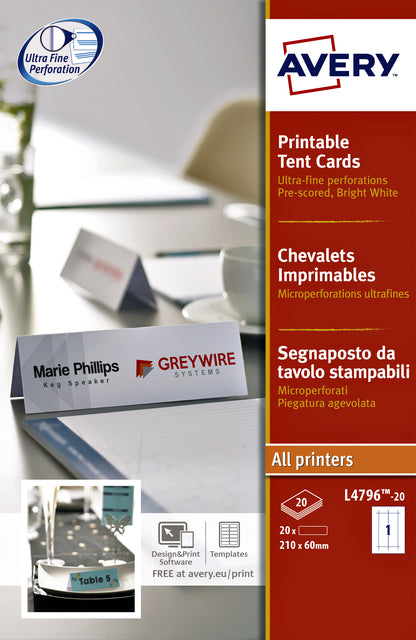 Plaque signalétique de table Avery L4796-20 210x60mm blanc 20 pièces