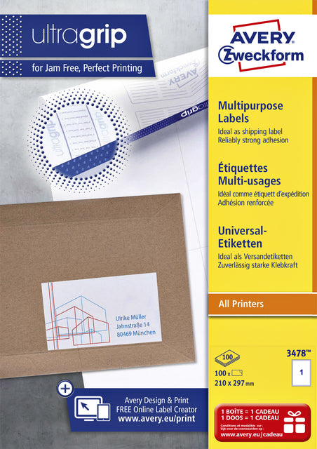 Étiquette Avery Zweckform 3478 210x297mm A4 blanc 100 pièces